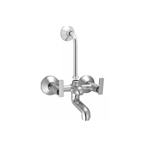 Chrome-finished wall-mounted sink mixer with dual lever handles and high-arched spout, designed for kitchens and bathrooms.
