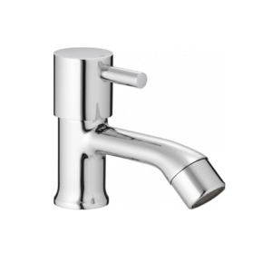 chrome basin faucet with curved spout and single lever handle, designed for smooth water flow and temperature control.