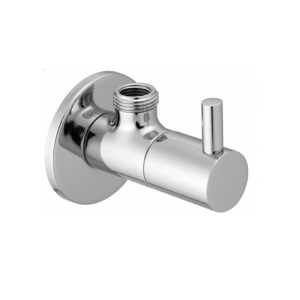 Chrome-plated angle valve with lever handle and wall flange, designed for controlling water flow to faucets and fixtures.