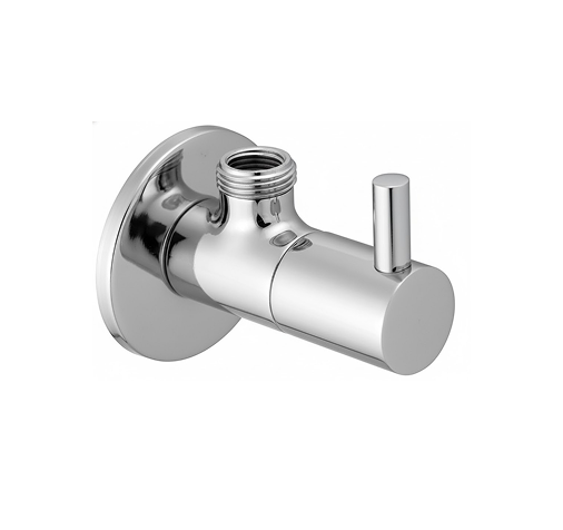 Group 1272631422 Chrome-plated angle valve with lever handle and wall flange, designed for controlling water flow to faucets and fixtures.