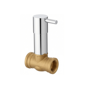 Chrome-plated brass angle cock with lever handle and wall flange, designed for controlling water flow to bathroom and kitchen fixtures.