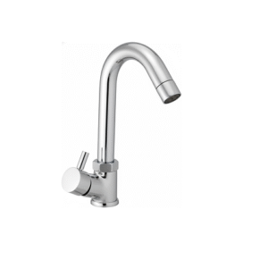Wall-mounted chrome basin mixer with single lever handle and curved swivel spout, designed for bathrooms and kitchens.