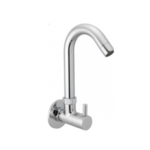 Wall-mounted chrome basin mixer with single lever handle and curved swivel spout, designed for bathrooms and kitchens.