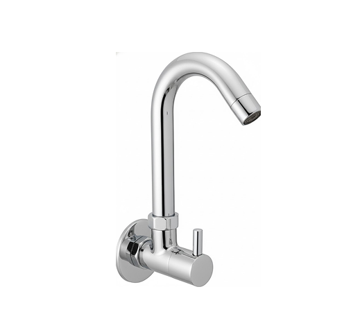 Group 1272631426 Wall-mounted chrome basin mixer with single lever handle and curved swivel spout, designed for bathrooms and kitchens.