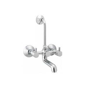 Chrome-finished wall-mounted sink mixer with dual lever handles and high-arched spout, designed for kitchens and bathrooms.