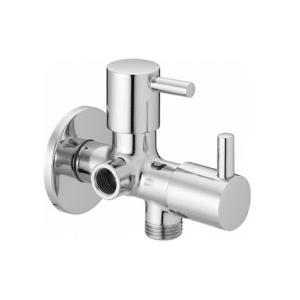 Chrome-plated brass dual outlet angle valve with lever handles and wall flange, designed for controlling water flow to two fixtures like faucet and flush tank.