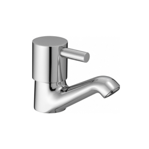 chrome basin faucet with curved spout and single lever handle, designed for smooth water flow and temperature control.