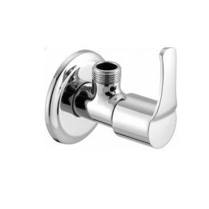 Chrome-plated angle valve with lever handle and wall flange, designed for controlling water flow to faucets and fixtures.