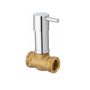 Chrome-plated brass angle cock with lever handle and wall flange, designed for controlling water flow to bathroom and kitchen fixtures.