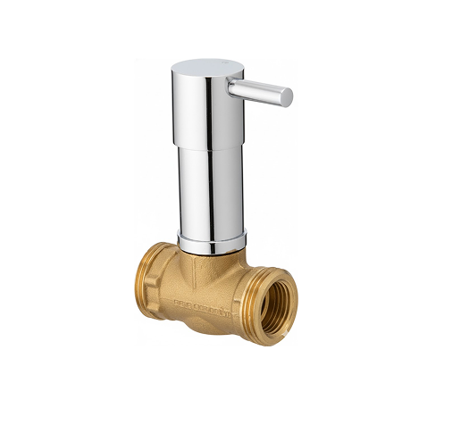 Group 1272631440 Chrome-plated brass angle cock with lever handle and wall flange, designed for controlling water flow to bathroom and kitchen fixtures.