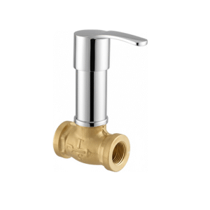 Chrome-plated brass angle cock with lever handle and wall flange, designed for controlling water flow to bathroom and kitchen fixtures.