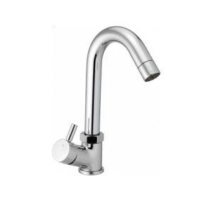 Wall-mounted chrome basin mixer with single lever handle and curved swivel spout, designed for bathrooms and kitchens.
