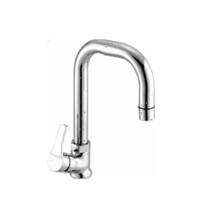 Wall-mounted chrome basin mixer with single lever handle and curved swivel spout, designed for bathrooms and kitchens.