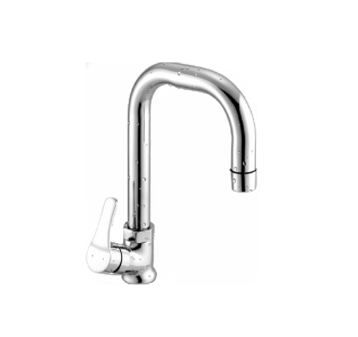 Group 1272631443 Wall-mounted chrome basin mixer with single lever handle and curved swivel spout, designed for bathrooms and kitchens.