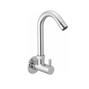 Wall-mounted chrome basin mixer with single lever handle and curved swivel spout, designed for bathrooms and kitchens.