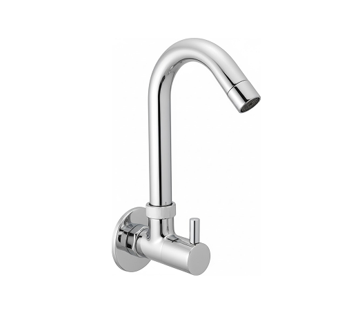 Group 1272631444 Wall-mounted chrome basin mixer with single lever handle and curved swivel spout, designed for bathrooms and kitchens.