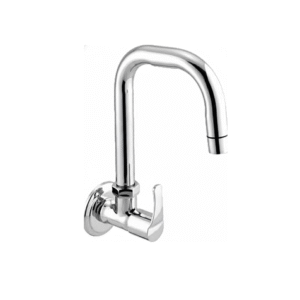 Wall-mounted chrome basin mixer with single lever handle and curved swivel spout, designed for bathrooms and kitchens.