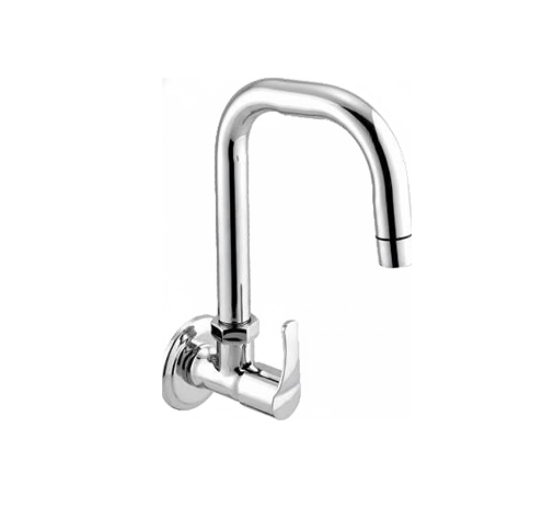 Group 1272631445 Wall-mounted chrome basin mixer with single lever handle and curved swivel spout, designed for bathrooms and kitchens.
