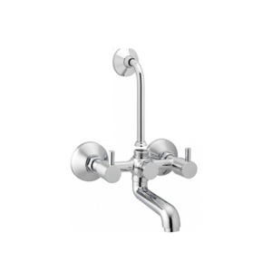 Chrome-finished wall-mounted sink mixer with dual lever handles and high-arched spout, designed for kitchens and bathrooms.
