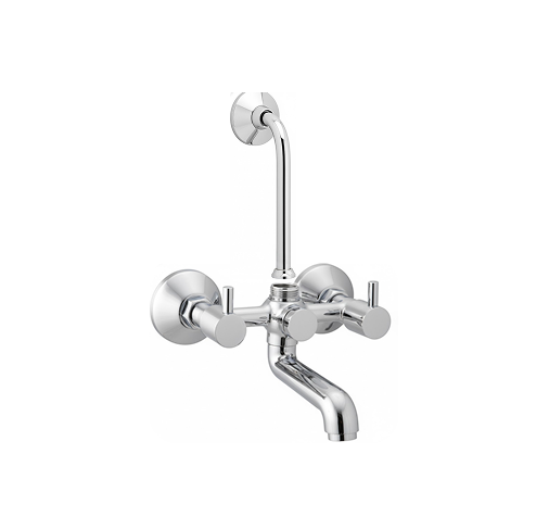 Group 1272631449 Chrome-finished wall-mounted sink mixer with dual lever handles and high-arched spout, designed for kitchens and bathrooms.