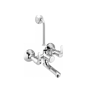 Chrome-finished wall-mounted sink mixer with dual lever handles and high-arched spout, designed for kitchens and bathrooms.