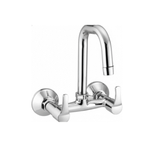 Chrome-finished wall-mounted sink mixer with dual lever handles and high-arched spout, designed for kitchens and bathrooms.