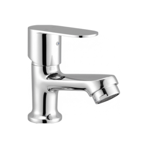 chrome basin faucet with curved spout and single lever handle, designed for smooth water flow and temperature control.