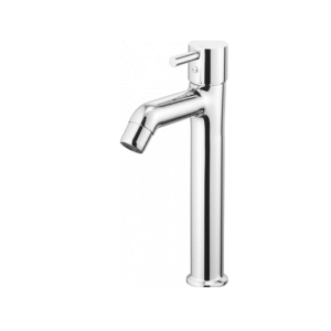 Tall chrome basin mixer with cylindrical body and single lever handle, designed for vessel sinks and modern bathrooms.