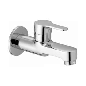 chrome basin faucet with curved spout and single lever handle, designed for smooth water flow and temperature control.