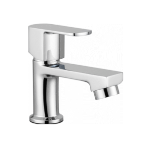 chrome basin faucet with curved spout and single lever handle, designed for smooth water flow and temperature control.