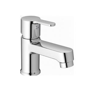 chrome basin faucet with curved spout and single lever handle, designed for smooth water flow and temperature control.
