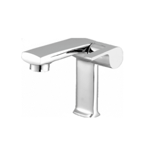 chrome basin faucet with curved spout and single lever handle, designed for smooth water flow and temperature control.