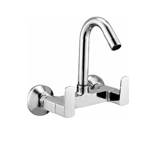 Sink Mixer 1 Wall-mounted chrome sink mixer with dual lever handles and high-arched swivel spout, designed for kitchens and bathrooms.