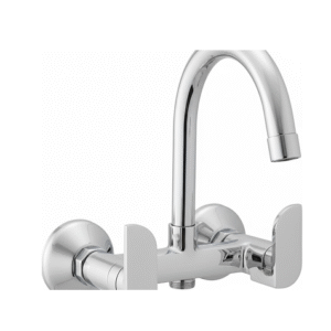Wall-mounted chrome sink mixer with dual lever handles and high-arched swivel spout, designed for kitchens and bathrooms.
