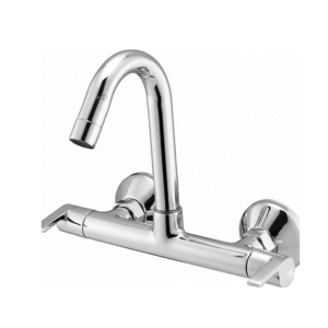 Chrome-finished wall-mounted sink mixer with dual lever handles and high-arched spout, designed for kitchens and bathrooms.