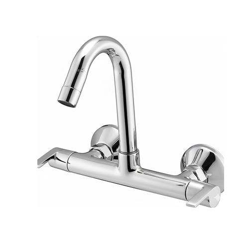 Sink Mixer 5 Chrome-finished wall-mounted sink mixer with dual lever handles and high-arched spout, designed for kitchens and bathrooms.