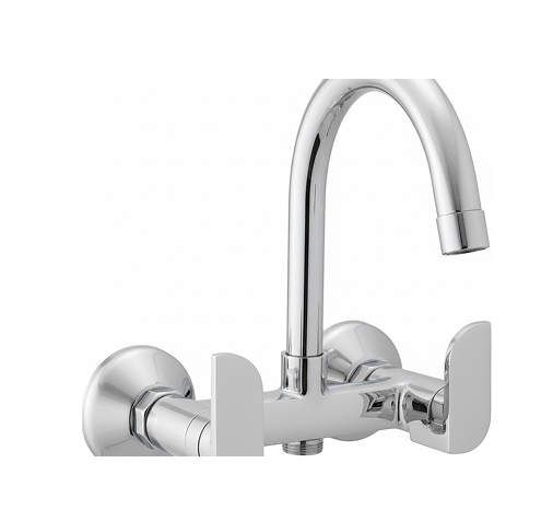 Sink Mixer Wall-mounted chrome sink mixer with dual lever handles and high-arched swivel spout, designed for kitchens and bathrooms.