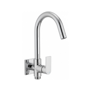 Wall-mounted chrome basin mixer with single lever handle and curved swivel spout, designed for bathrooms and kitchens.
