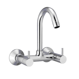 Chrome-finished wall-mounted sink mixer with dual lever handles and high-arched spout, designed for kitchens and bathrooms.