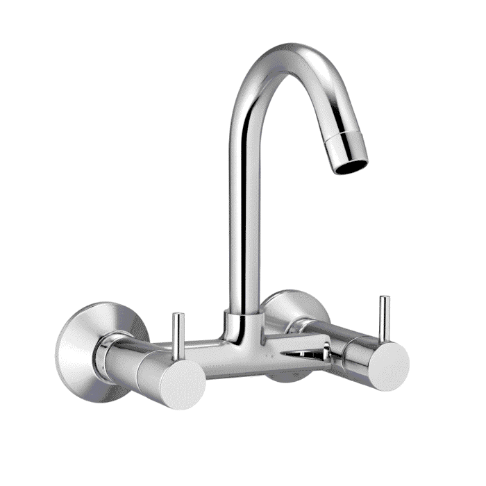 Chrome-finished wall-mounted sink mixer with dual lever handles and high-arched spout, designed for kitchens and bathrooms.