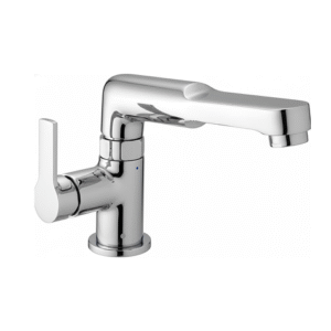 Chrome-finished single lever basin mixer with cylindrical body and extended spout, designed for modern bathrooms and kitchens.