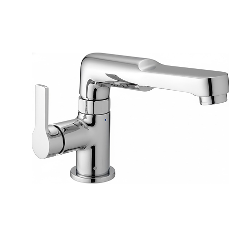 Swan neck 1 Chrome-finished single lever basin mixer with cylindrical body and extended spout, designed for modern bathrooms and kitchens.