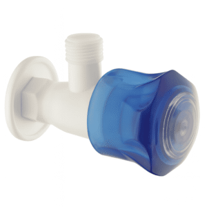 White plastic wall-mounted angle valve with translucent blue hexagonal handle and threaded male outlet, suitable for residential plumbing and utility use.