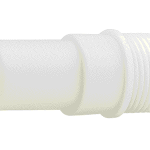 White plastic threaded pipe adapter with male threads on one end and smooth slip-fit end on the other, separated by a flange collar.