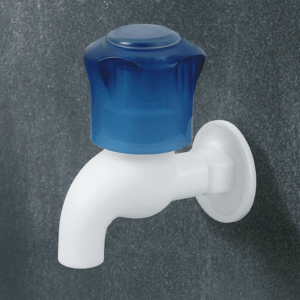 White plastic wall-mounted bib cock with curved spout and cylindrical blue handle, suitable for outdoor and utility water supply.