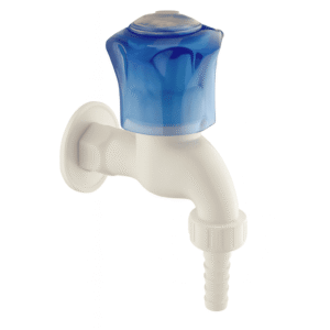 White plastic wall-mounted bib cock with blue handle and ribbed nozzle, suitable for garden, outdoor, and utility use.