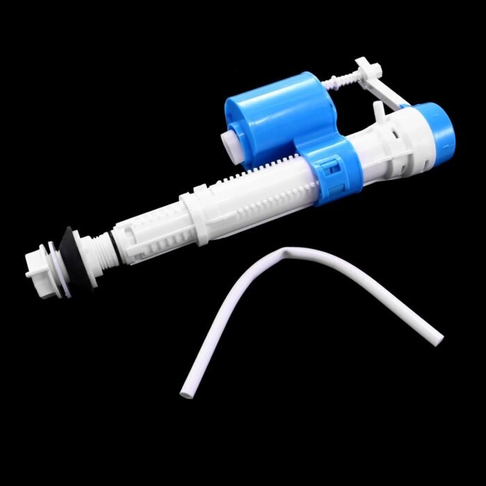 Toilet Fill Valve Simple to Install for Side Entry Toilet Cisterns Supplies1 White plastic toilet fill valve with blue float and adjustment screw, suitable for universal tank fittings and water-saving flush systems.