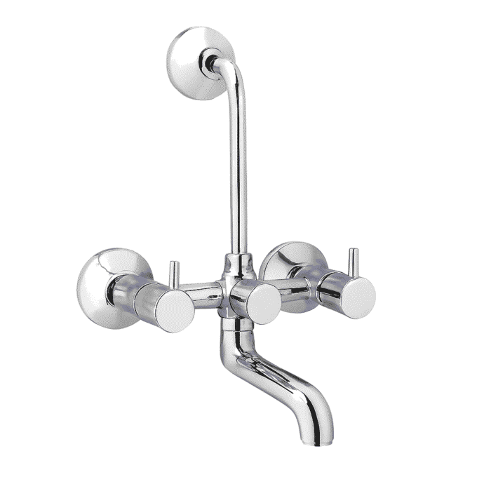 Chrome-plated wall mixer faucet with dual lever handles and overhead L bend pipe, designed for bathroom shower and basin fittings.