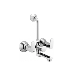 Chrome-plated wall mixer faucet with dual lever handles and overhead L bend pipe, designed for bathroom shower and basin fittings.