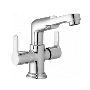 Chrome-finished dual handle basin mixer with curved spout and cylindrical body, designed for modern bathrooms and kitchens.